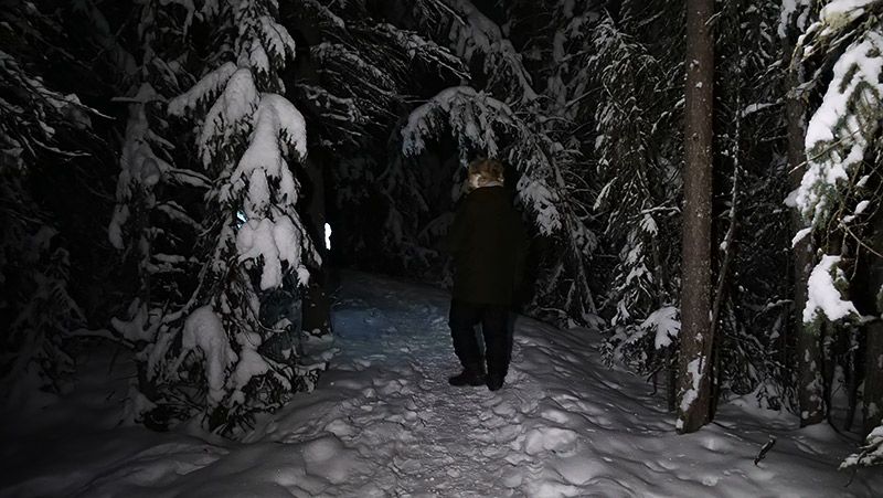 雪の積もった木々の雪道を歩く地主