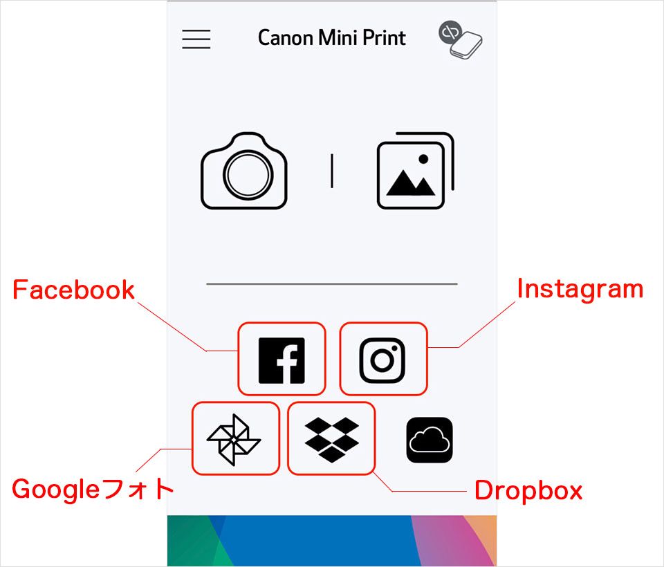 スマホアプリ「Canon Mini Print」のInstagramとFacebookの連携メニュー
