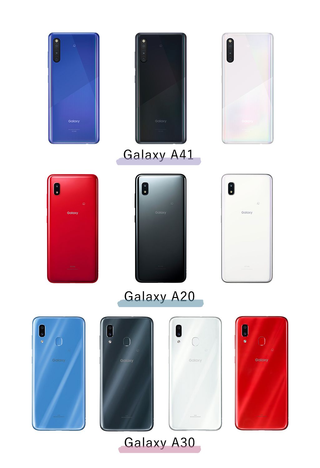 Galaxy A41、Galaxy A20、Galaxy A30のカラーバリエーション