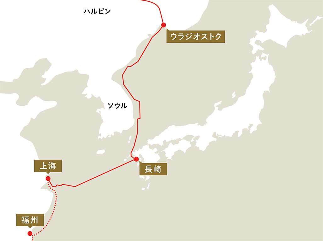 長崎～上海、長崎～ウラジオストク間をつなぐ海底電信ケーブル
