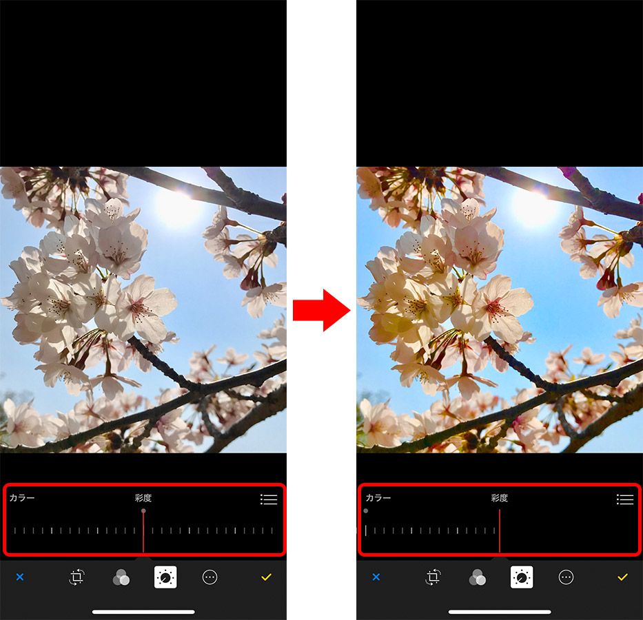 iPhone 写真加工「カラー」を調節