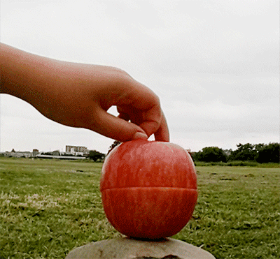 サザエさんのOPのようにリンゴを持ち上げるトリックGIF