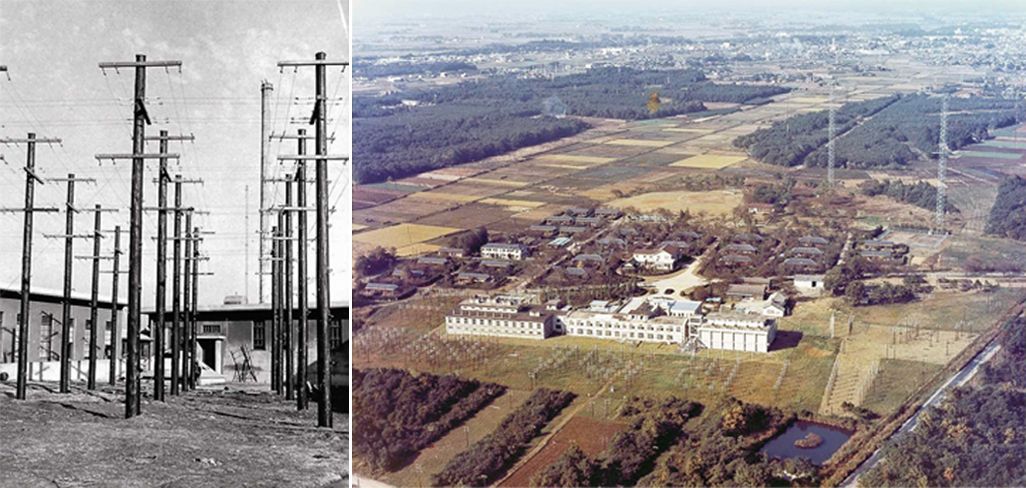 小山送信所（左は1930年頃、右は第二次世界大戦の後）