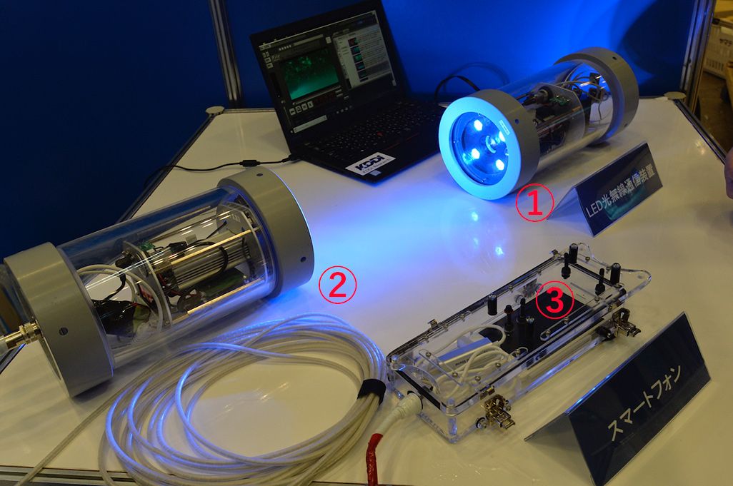 海中での青色LED光通信の実験装置一式