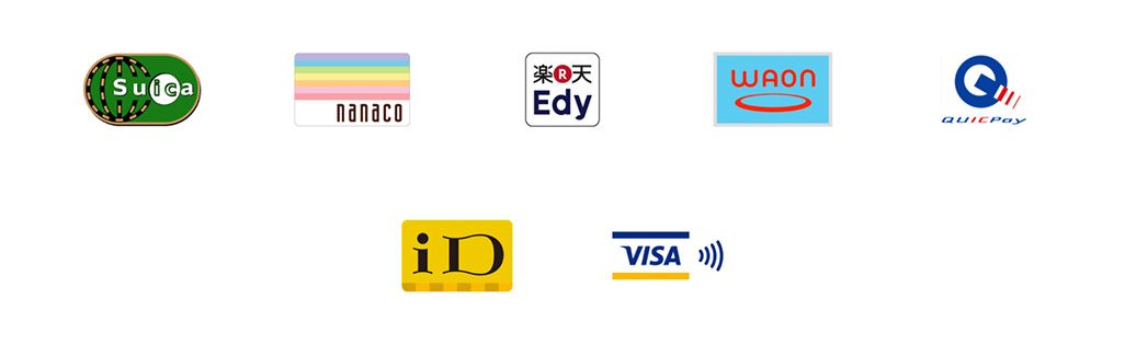 Suica、nanaco、楽天Edy、WAON、QUICKPay、iD、VISAタッチ決済のロゴ