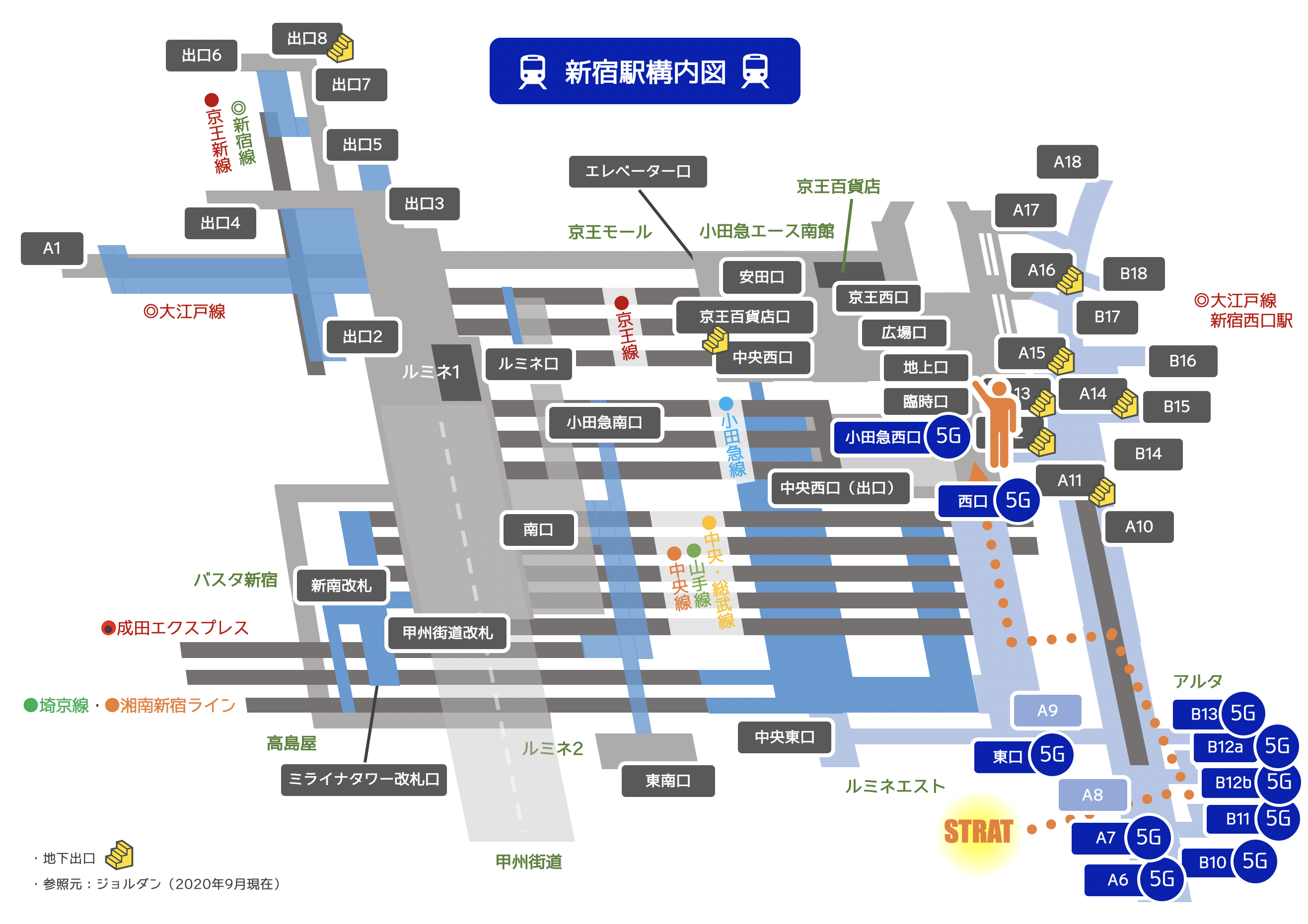 新宿駅東口から西口におけるau5Gの通信エリア調査結果