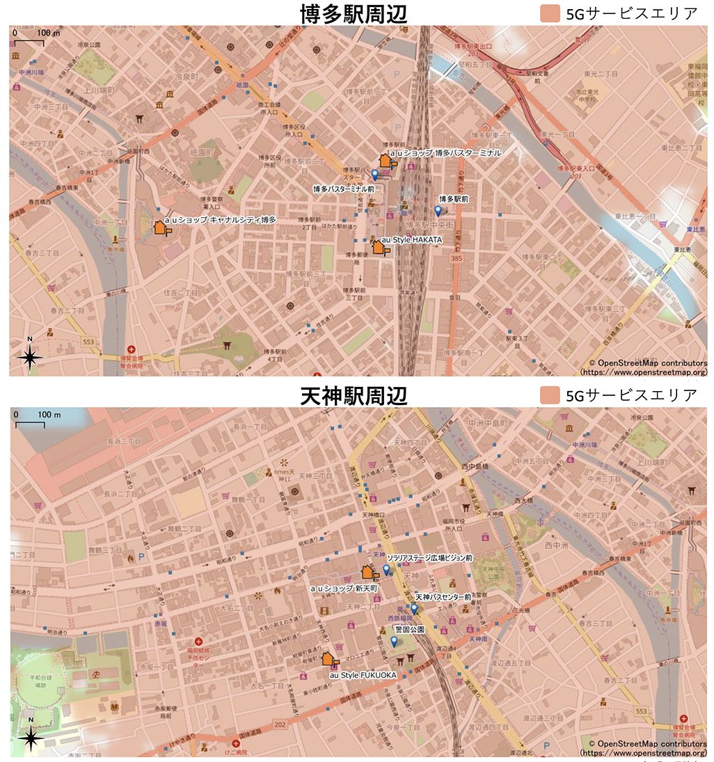 博多駅・天神駅のau 5Gサービスエリアマップ
