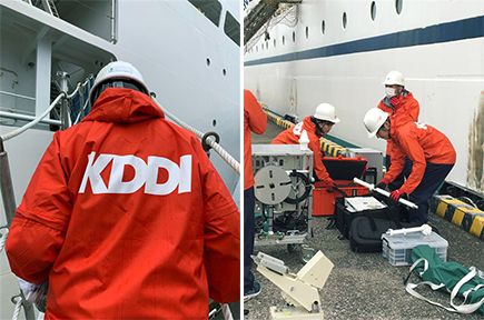 横浜のKDDIオーシャンリンクに物資・可搬型基地局を積み込む作業