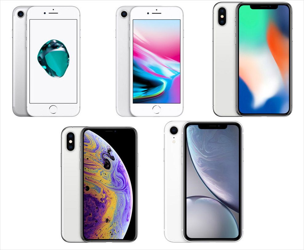 上段左からiPhone 7、iPhone 8、iPhone X、下段左からiPhone XS、iPhone XR