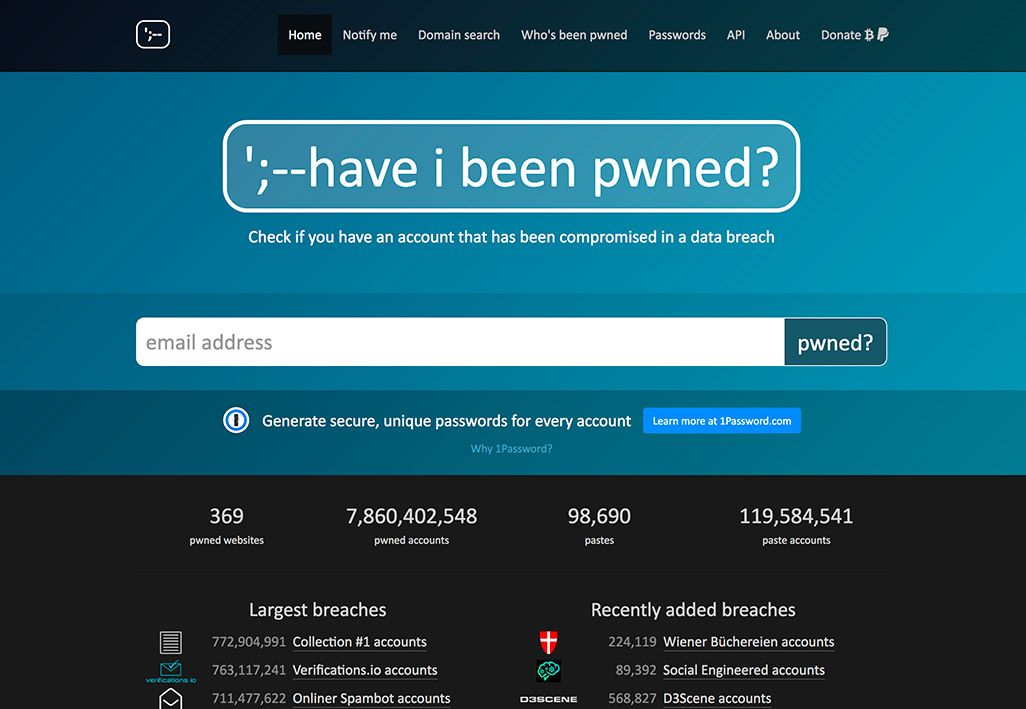 「Have I Been Pwned」のトップ画面