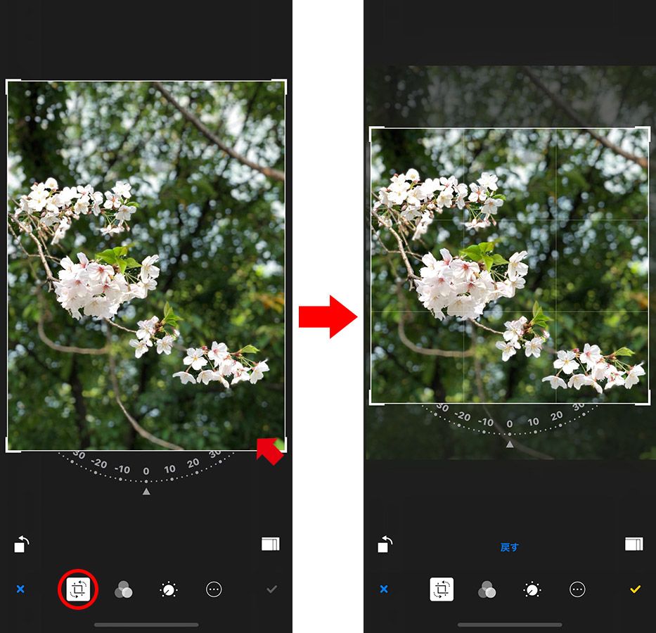 iPhone 写真加工「トリミング」