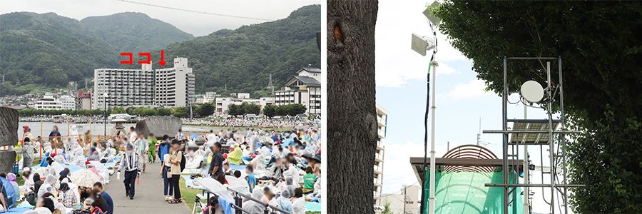 諏訪湖祭湖上花火大会の観覧会場を見下ろすホテルと、屋上の可搬型基地局