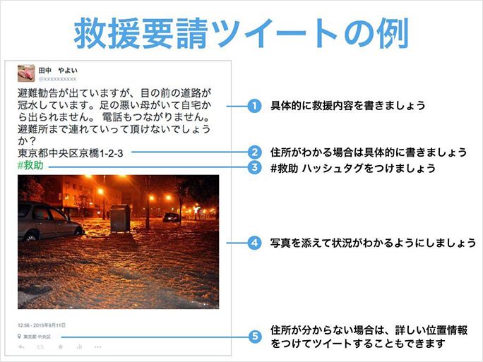 Twitterでの救援要請ツイートの例