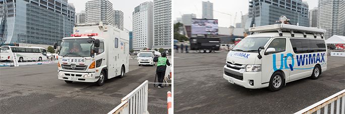KDDIの災害対策公開訓練にて、KDDIとUQ WiMAXの車載型基地局