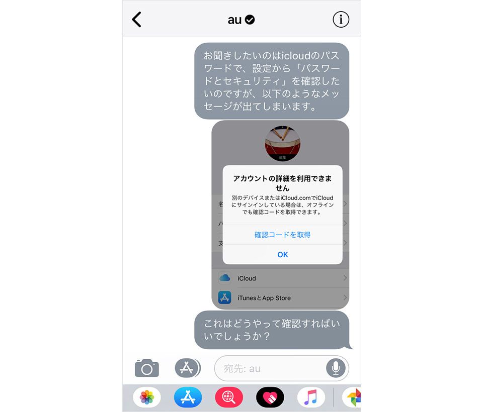 iMessageの問い合わせ画面、画像送付