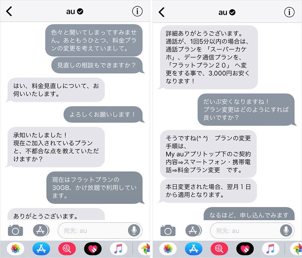 iMessageの問い合わせ画面、料金プランの見直し