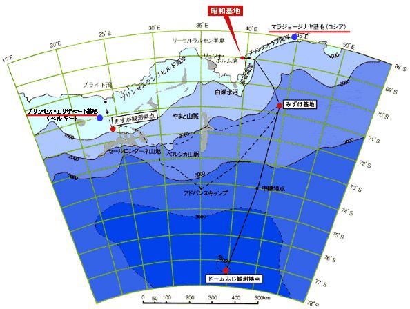 昭和基地と中間拠点の位置