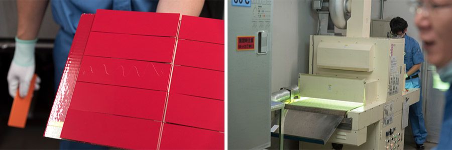 塗料の上からコーティング、紫外線で定着させる作業