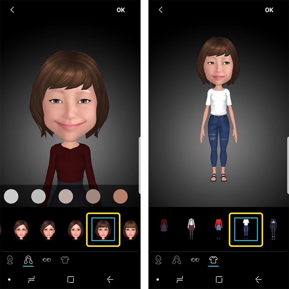 Galaxy S9+/S9アバター作成画面、髪型と服装