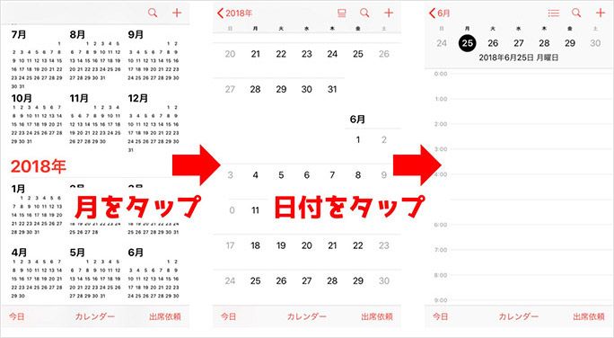iPhoneカレンダー 年間/月間/週間/1日ごとのカレンダー表示