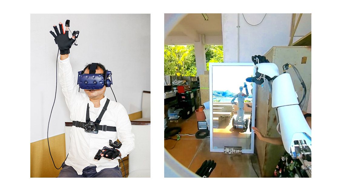 テレイグジスタンス技術で竹芝で遠隔旅行体験する編集部員とHMD内のロボットの姿