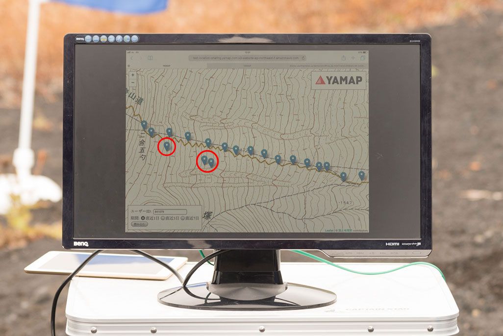YAMAPの登山者の足跡を表したディスプレイ