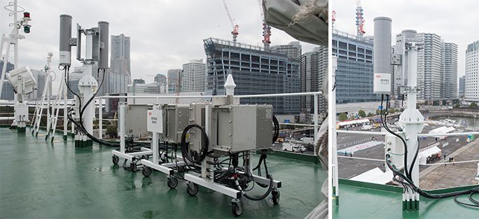 KDDIの災害対策公開訓練にて、設営した船舶型基地局